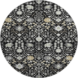HomeRoots 8' Elegant Black Gold and Ivory Oriental Round Rug with Stain Resistance and UV Protection for Homes 679183