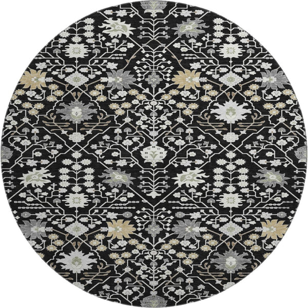 HomeRoots 8' Elegant Black Gold and Ivory Oriental Round Rug with Stain Resistance and UV Protection for Homes 679183