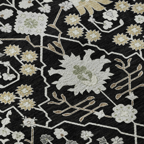 HomeRoots 8' Elegant Black Gold and Ivory Oriental Round Rug with Stain Resistance and UV Protection for Homes 679183