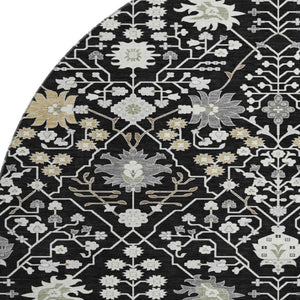 HomeRoots 8' Elegant Black Gold and Ivory Oriental Round Rug with Stain Resistance and UV Protection for Homes 679183