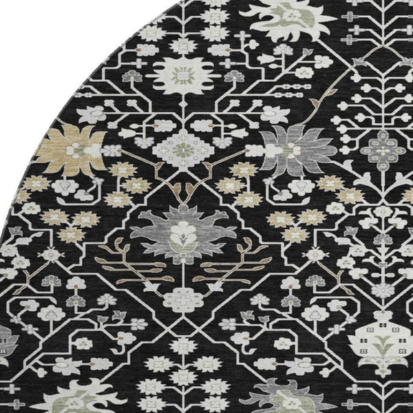 HomeRoots 8' Elegant Black Gold and Ivory Oriental Round Rug with Stain Resistance and UV Protection for Homes 679183