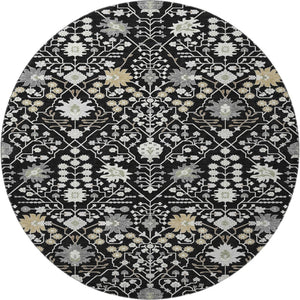 HomeRoots 8' Elegant Black Gold and Ivory Oriental Round Rug with Stain Resistance and UV Protection for Homes 679183