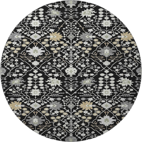 HomeRoots 8' Elegant Black Gold and Ivory Oriental Round Rug with Stain Resistance and UV Protection for Homes 679183
