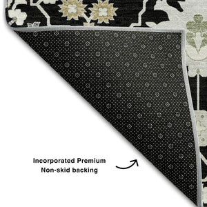 HomeRoots 8' X 10' Black Gold and Ivory Oriental Washable Area Rug - Stain-Resistant, UV Protected Elegance 679184