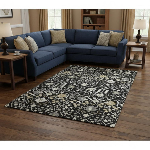 HomeRoots 9' X 12' Elegant Black Gold Ivory Oriental Area Rug - Washable, UV Protected, Stain-Resistant Design 679185