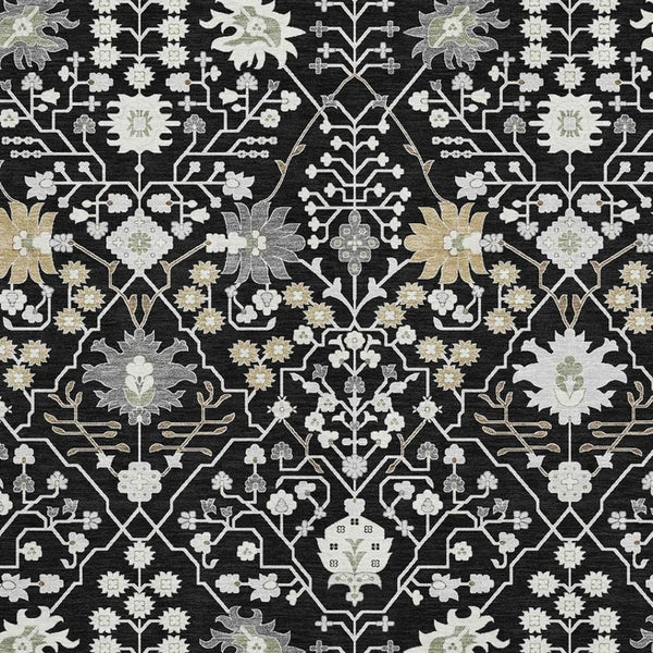 HomeRoots 9' X 12' Elegant Black Gold Ivory Oriental Area Rug - Washable, UV Protected, Stain-Resistant Design 679185