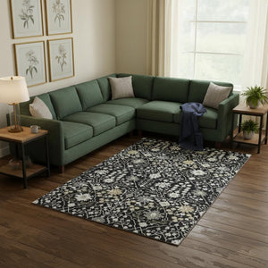 HomeRoots 10' X 14' Black Gold And Ivory Oriental Area Rug - Washable, UV-Protected, Durable & Stylish Design 679186