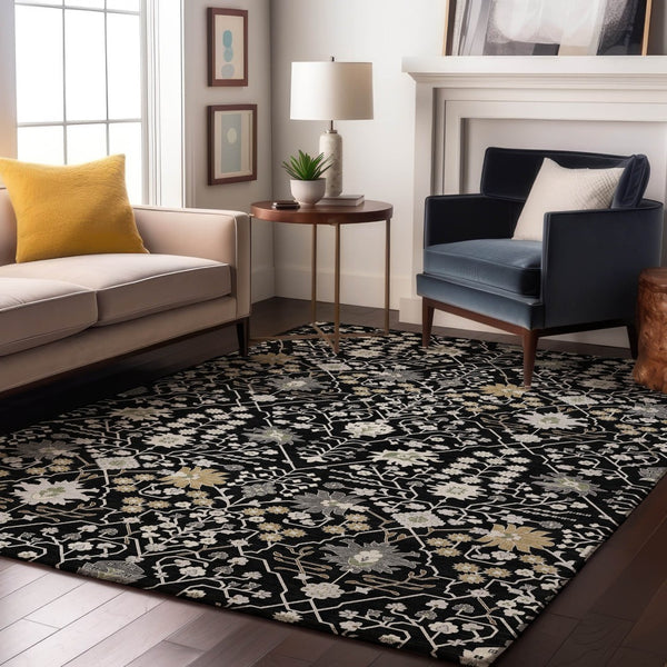 HomeRoots 10' X 14' Black Gold And Ivory Oriental Area Rug - Washable, UV-Protected, Durable & Stylish Design 679186
