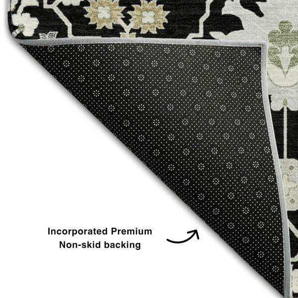 HomeRoots 10' X 14' Black Gold And Ivory Oriental Area Rug - Washable, UV-Protected, Durable & Stylish Design 679186