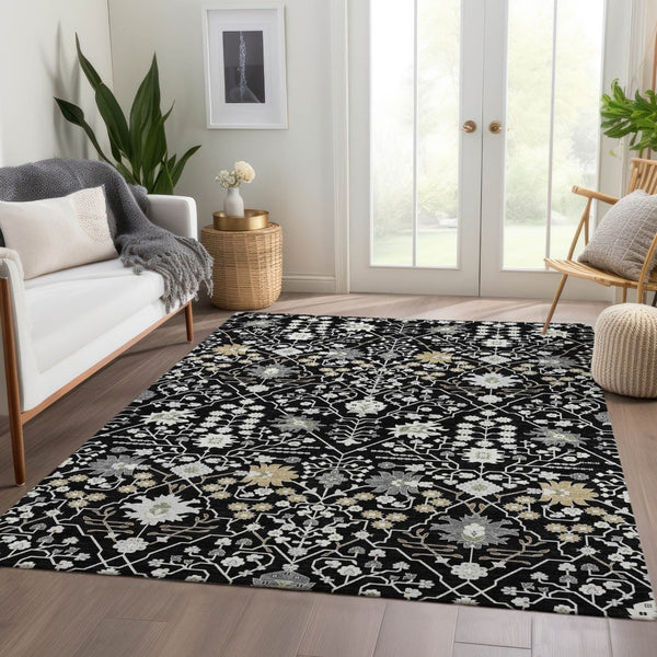 HomeRoots 10' X 14' Black Gold And Ivory Oriental Area Rug - Washable, UV-Protected, Durable & Stylish Design 679186