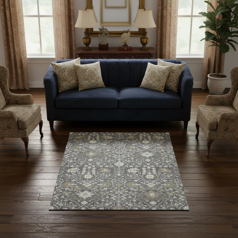 HomeRoots 5' X 8' Charcoal Ivory & Gold Oriental Area Rug - Washable, Durable, UV-Protected, & Family-Friendly 679188