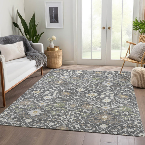 HomeRoots 5' X 8' Charcoal Ivory & Gold Oriental Area Rug - Washable, Durable, UV-Protected, & Family-Friendly 679188