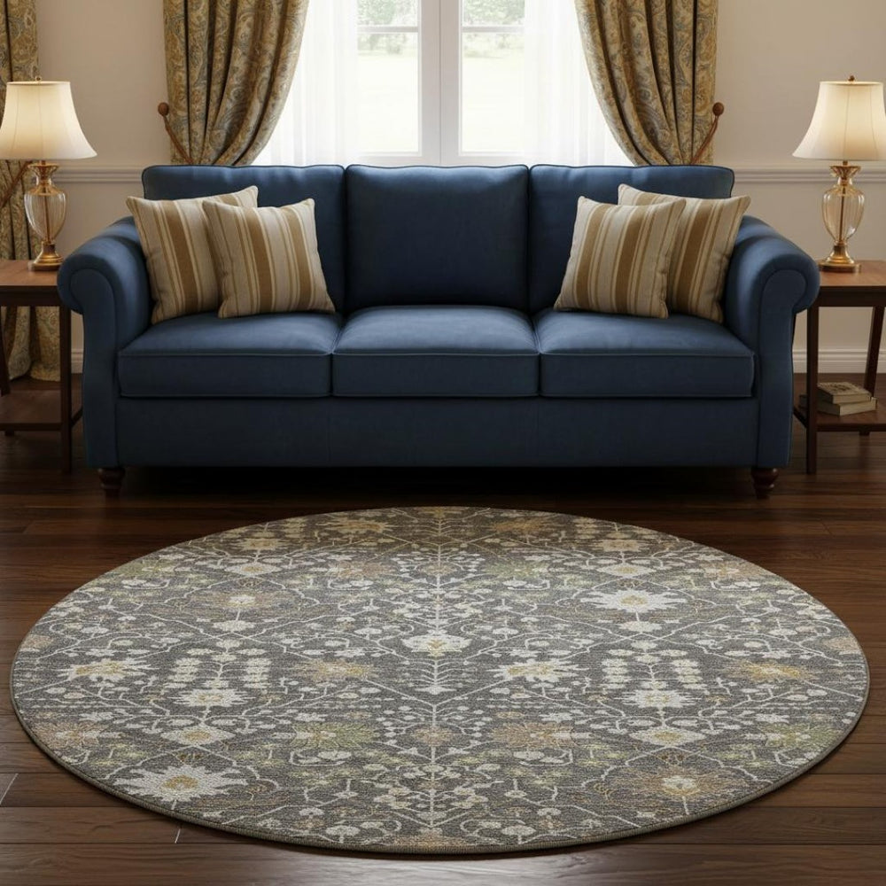 HomeRoots 8' Charcoal Ivory Gold Oriental Round Rug - Washable, UV Protected, Stain Resistant for High-Traffic Homes 679189