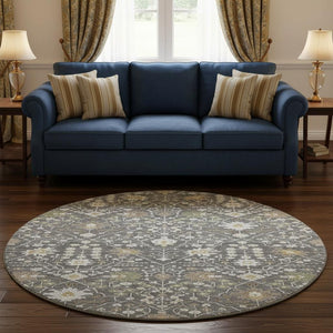 HomeRoots 8' Charcoal Ivory Gold Oriental Round Rug - Washable, UV Protected, Stain Resistant for High-Traffic Homes 679189
