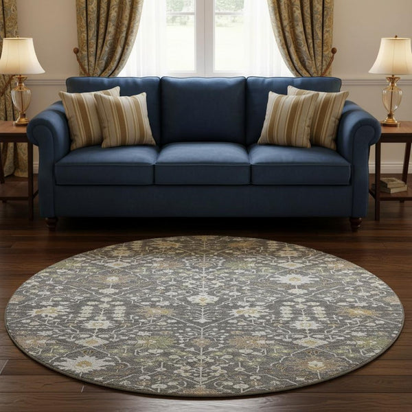 HomeRoots 8' Charcoal Ivory Gold Oriental Round Rug - Washable, UV Protected, Stain Resistant for High-Traffic Homes 679189