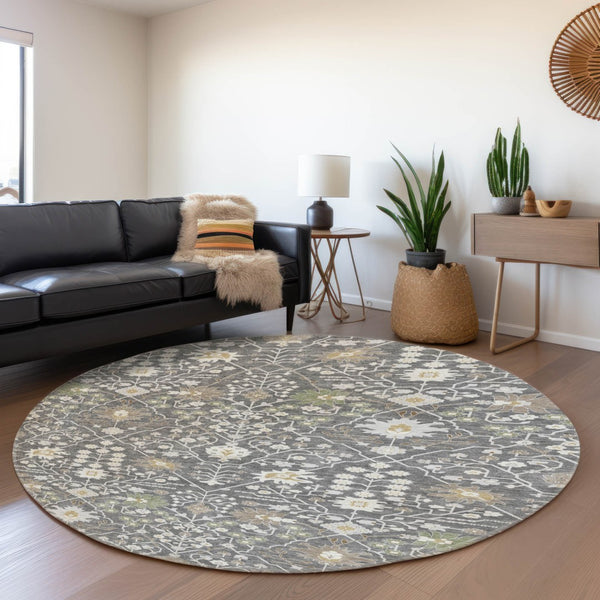 HomeRoots 8' Charcoal Ivory Gold Oriental Round Rug - Washable, UV Protected, Stain Resistant for High-Traffic Homes 679189