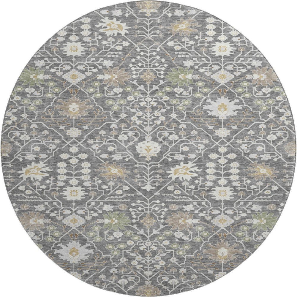 HomeRoots 8' Charcoal Ivory Gold Oriental Round Rug - Washable, UV Protected, Stain Resistant for High-Traffic Homes 679189
