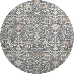 HomeRoots 8' Charcoal Ivory Gold Oriental Round Rug - Washable, UV Protected, Stain Resistant for High-Traffic Homes 679189
