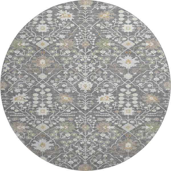 HomeRoots 8' Charcoal Ivory Gold Oriental Round Rug - Washable, UV Protected, Stain Resistant for High-Traffic Homes 679189