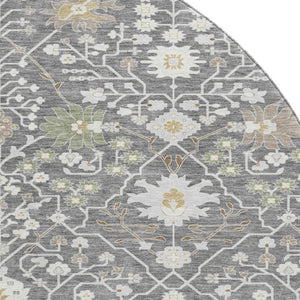 HomeRoots 8' Charcoal Ivory Gold Oriental Round Rug - Washable, UV Protected, Stain Resistant for High-Traffic Homes 679189