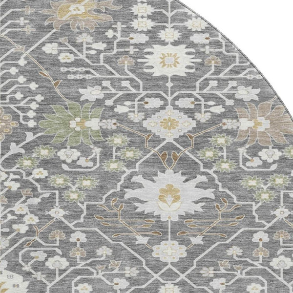 HomeRoots 8' Charcoal Ivory Gold Oriental Round Rug - Washable, UV Protected, Stain Resistant for High-Traffic Homes 679189