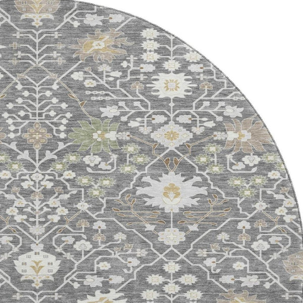 HomeRoots 8' Charcoal Ivory Gold Oriental Round Rug - Washable, UV Protected, Stain Resistant for High-Traffic Homes 679189