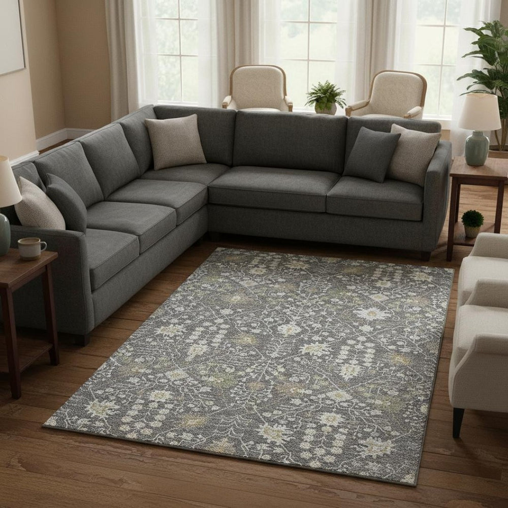 HomeRoots 8' X 10' Luxurious Charcoal Ivory Gold Oriental Area Rug - Washable, UV Protected, Stain Resistant 679190