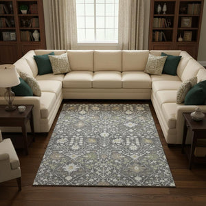 HomeRoots 9' X 12' Charcoal Ivory Gold Oriental Area Rug - Washable, UV Protected, Durable & Easy Care Design 679191
