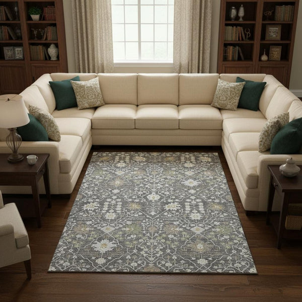 HomeRoots 9' X 12' Charcoal Ivory Gold Oriental Area Rug - Washable, UV Protected, Durable & Easy Care Design 679191