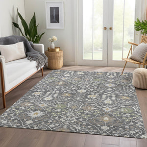 HomeRoots 9' X 12' Charcoal Ivory Gold Oriental Area Rug - Washable, UV Protected, Durable & Easy Care Design 679191