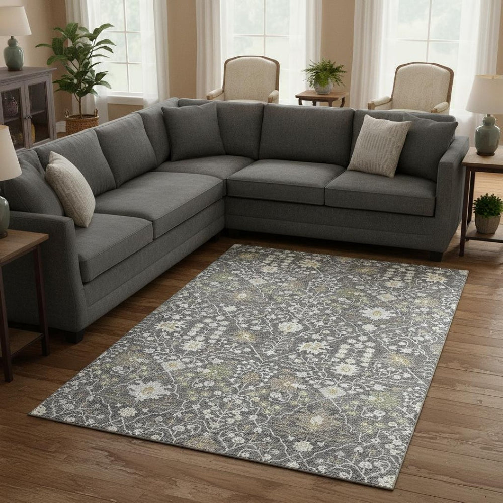 HomeRoots 10' X 14' Charcoal Ivory & Gold Oriental Washable Area Rug - UV Protection, Stain Resistant Design! 679192