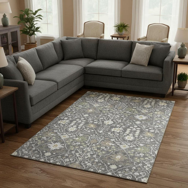 HomeRoots 10' X 14' Charcoal Ivory & Gold Oriental Washable Area Rug - UV Protection, Stain Resistant Design! 679192
