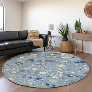HomeRoots 8' Denim Blue, Beige & Ivory Oriental Washable Round Rug - UV Protected, Kid & Pet Friendly! 679195