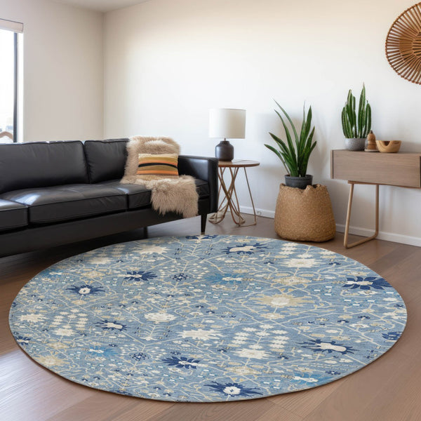HomeRoots 8' Denim Blue, Beige & Ivory Oriental Washable Round Rug - UV Protected, Kid & Pet Friendly! 679195