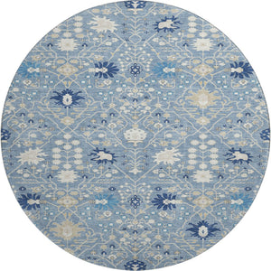 HomeRoots 8' Denim Blue, Beige & Ivory Oriental Washable Round Rug - UV Protected, Kid & Pet Friendly! 679195