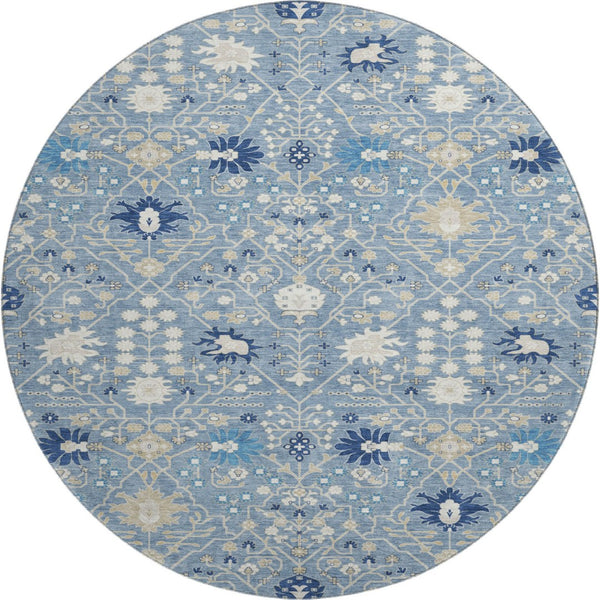 HomeRoots 8' Denim Blue, Beige & Ivory Oriental Washable Round Rug - UV Protected, Kid & Pet Friendly! 679195