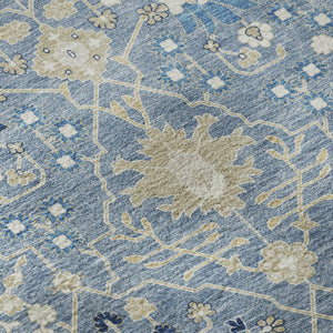 HomeRoots 8' Denim Blue, Beige & Ivory Oriental Washable Round Rug - UV Protected, Kid & Pet Friendly! 679195