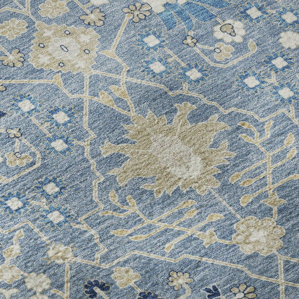 HomeRoots 8' Denim Blue, Beige & Ivory Oriental Washable Round Rug - UV Protected, Kid & Pet Friendly! 679195