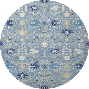 HomeRoots 8' Denim Blue, Beige & Ivory Oriental Washable Round Rug - UV Protected, Kid & Pet Friendly! 679195
