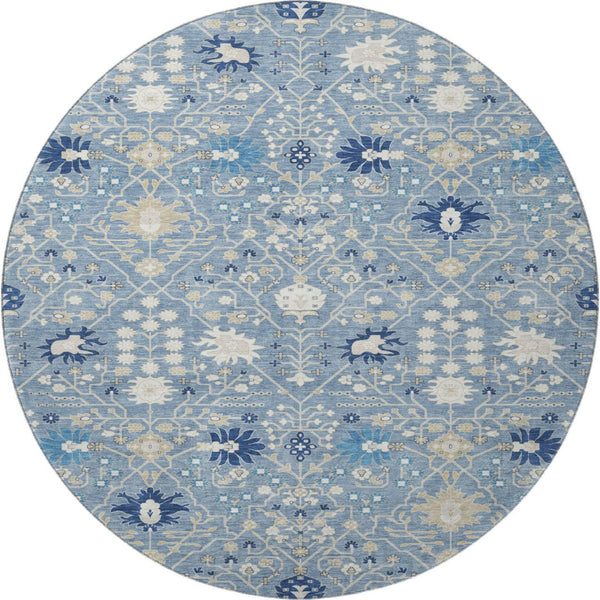 HomeRoots 8' Denim Blue, Beige & Ivory Oriental Washable Round Rug - UV Protected, Kid & Pet Friendly! 679195