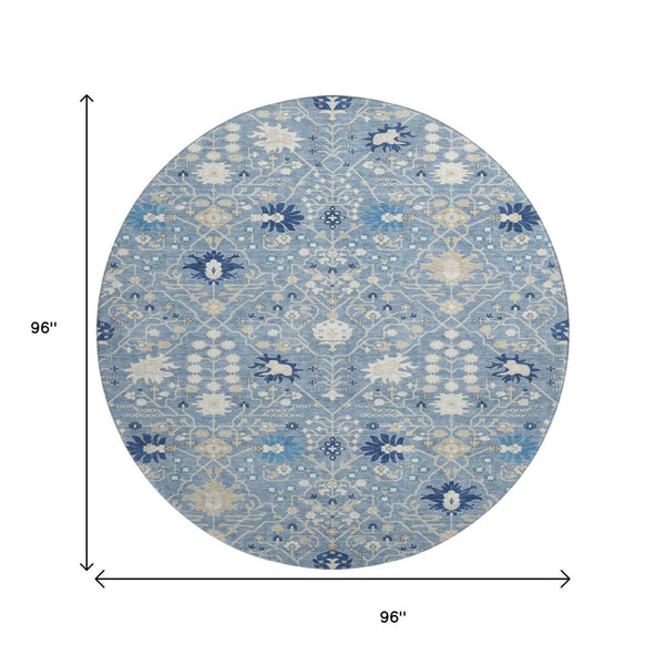 HomeRoots 8' Denim Blue, Beige & Ivory Oriental Washable Round Rug - UV Protected, Kid & Pet Friendly! 679195