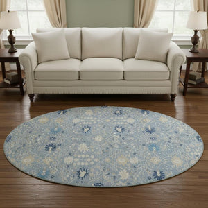 HomeRoots 8' Denim Blue, Beige & Ivory Oriental Washable Round Rug - UV Protected, Kid & Pet Friendly! 679195