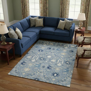 HomeRoots 8' X 10' Washable Oriental Area Rug in Denim Blue, Beige & Ivory - UV Protection, Durable & Stylish! 679196