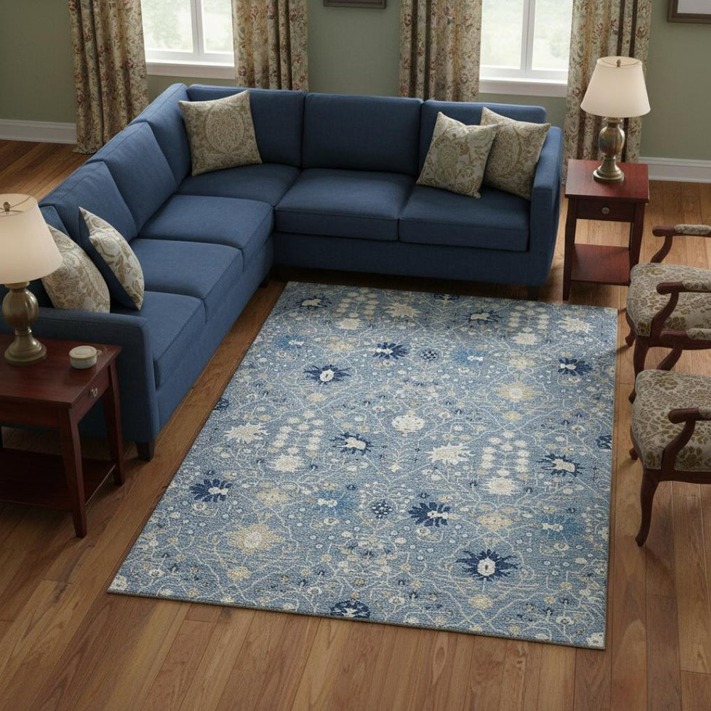 HomeRoots 9' X 12' Washable Denim Blue, Beige & Ivory Oriental Area Rug with UV Protection for High Traffic Use 679197