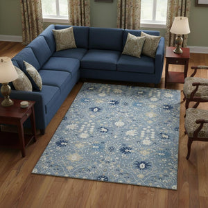 HomeRoots 9' X 12' Washable Denim Blue, Beige & Ivory Oriental Area Rug with UV Protection for High Traffic Use 679197