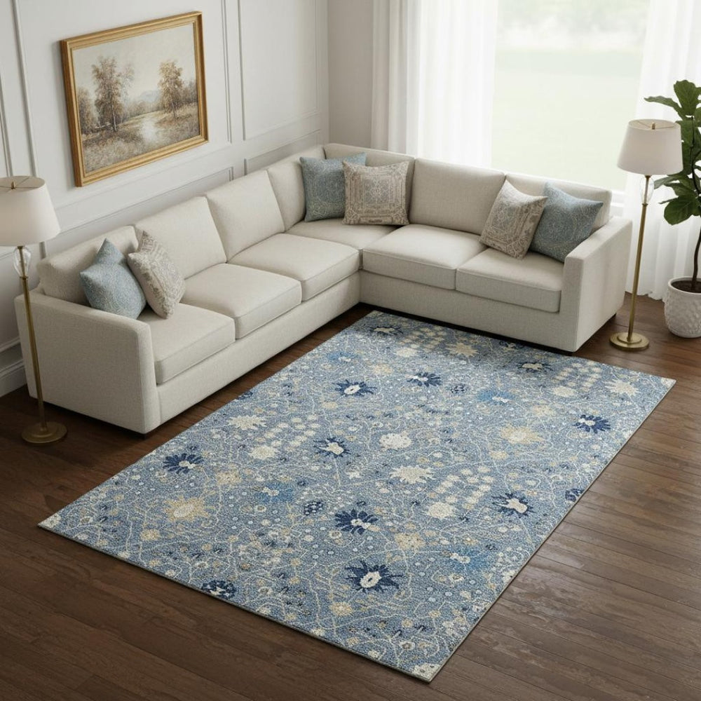 HomeRoots 10' X 14' Washable Denim Blue, Beige & Ivory Oriental Area Rug with UV Protection for Homes 679198