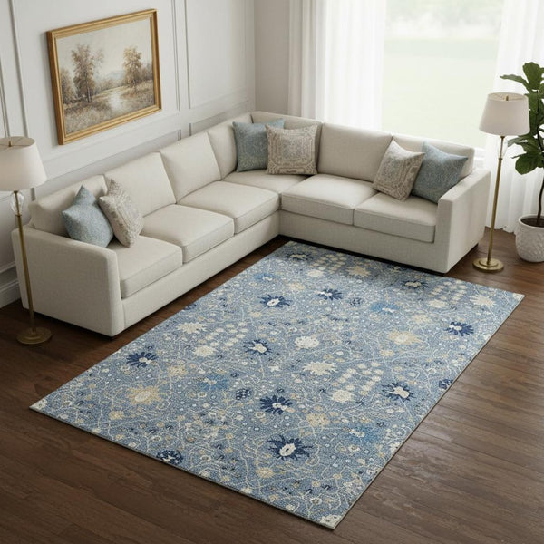 HomeRoots 10' X 14' Washable Denim Blue, Beige & Ivory Oriental Area Rug with UV Protection for Homes 679198