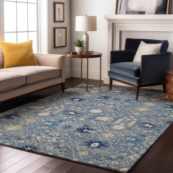 HomeRoots 10' X 14' Washable Denim Blue, Beige & Ivory Oriental Area Rug with UV Protection for Homes 679198