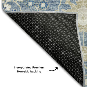 HomeRoots 10' X 14' Washable Denim Blue, Beige & Ivory Oriental Area Rug with UV Protection for Homes 679198