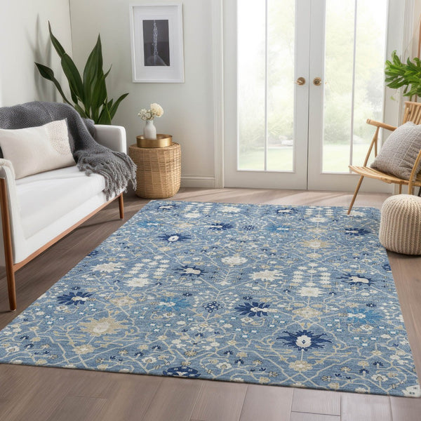 HomeRoots 10' X 14' Washable Denim Blue, Beige & Ivory Oriental Area Rug with UV Protection for Homes 679198